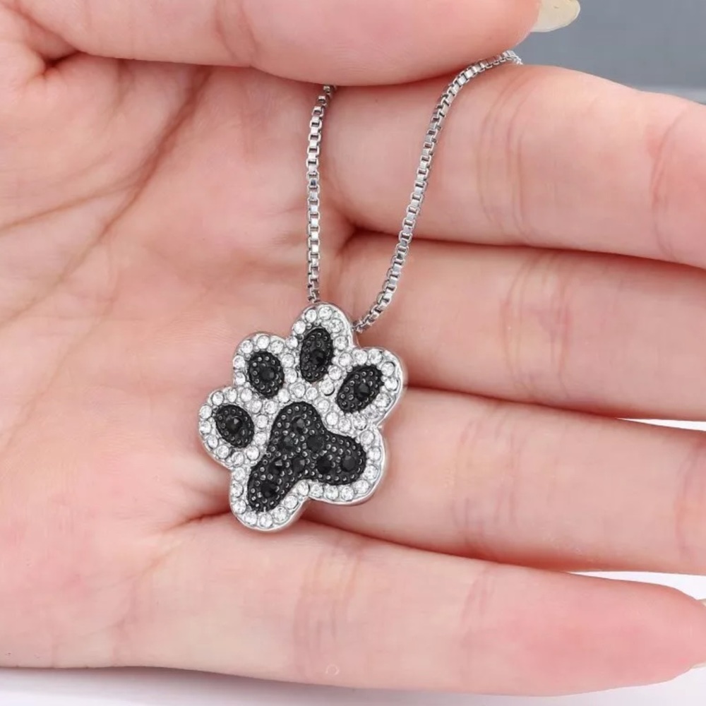 Dog paw print sparkly diamond cz necklace pendant